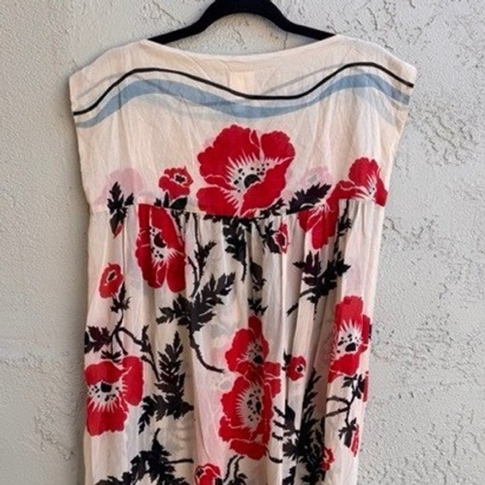 Anna Sui Cream Poppy Floral Sheer Sleeveless Shift Dress SMALL Designer Boho - Picture 9 of 9